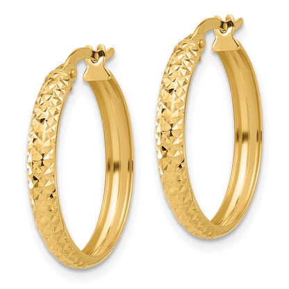 14K 3x22mm Polished and Diamond-cut Hoop Earrings