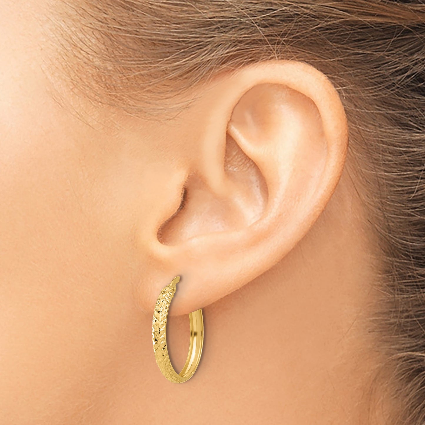 14K 3x22mm Polished and Diamond-cut Hoop Earrings