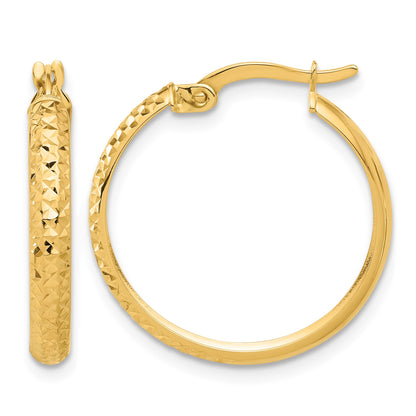 14K 3x22mm Polished and Diamond-cut Hoop Earrings