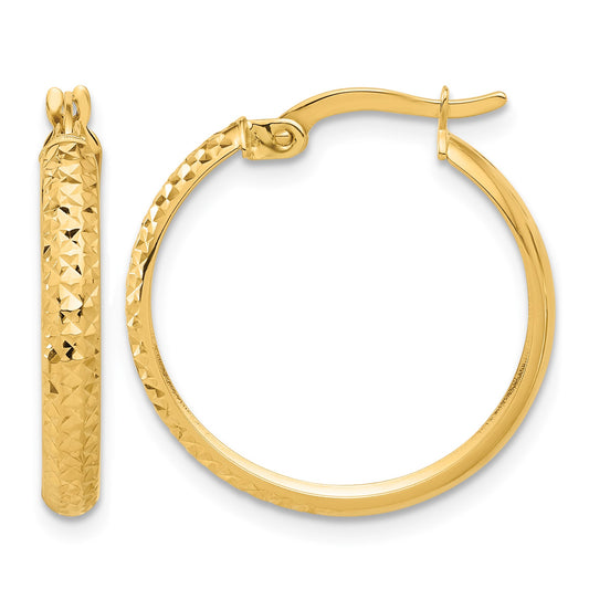 14K 3x22mm Polished and Diamond-cut Hoop Earrings