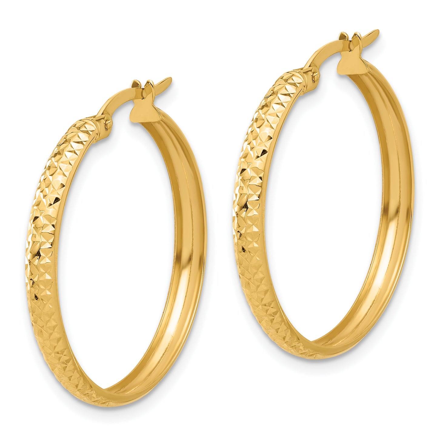 14K 3x26mm Polished and Diamond-cut Hoop Earrings