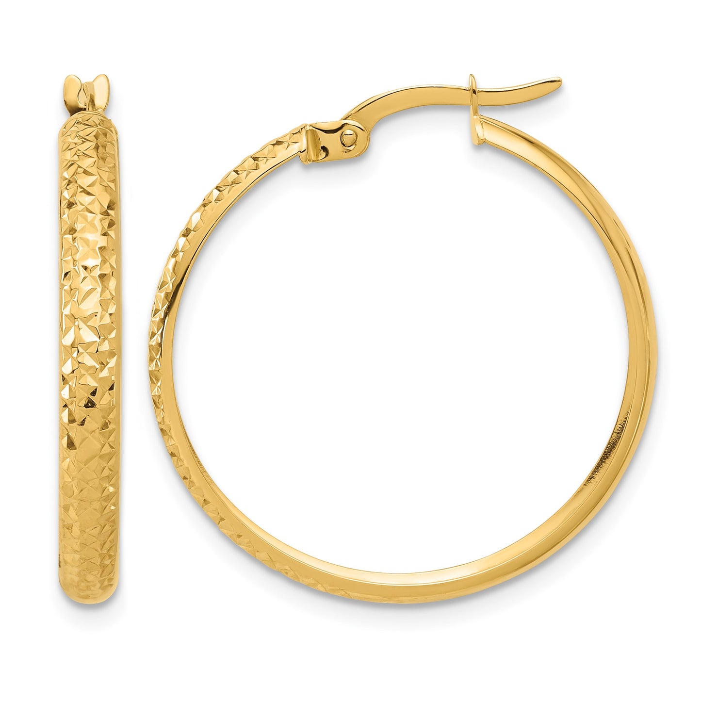 14K 3x26mm Polished and Diamond-cut Hoop Earrings