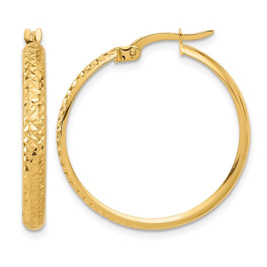 14K 3x26mm Polished and Diamond-cut Hoop Earrings