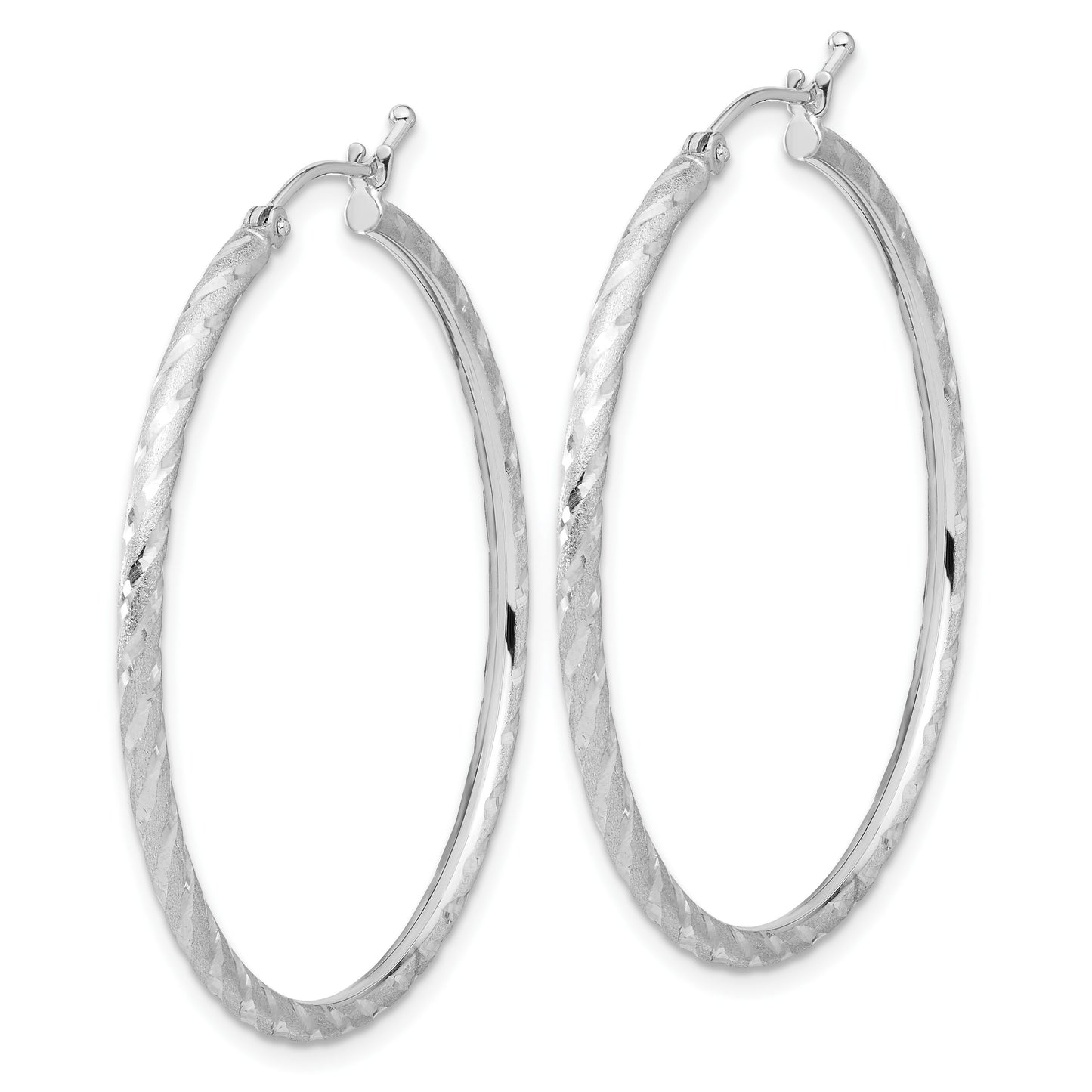 14k White Gold 2.00x40mm Polished and Satin Diamond-cut Twist Tube Hoop Earrings