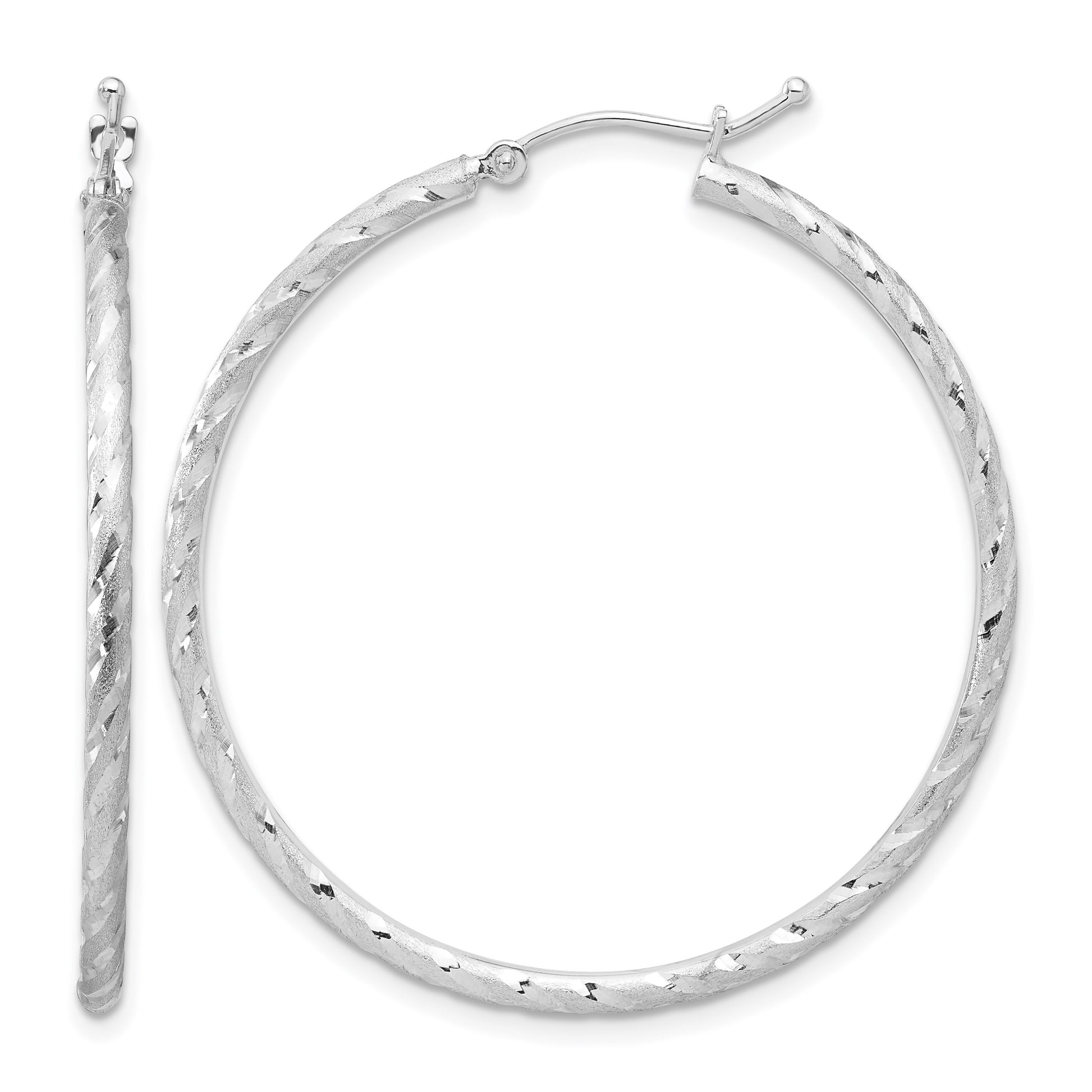 14k White Gold 2.00x40mm Polished and Satin Diamond-cut Twist Tube Hoop Earrings