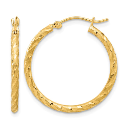 14k 2.00x25mm Polished and Satin Diamond-cut Twist Tube Hoop Earrings