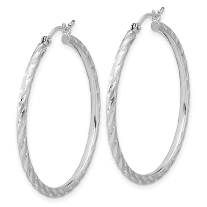 14k White Gold 2.00x35mm Polished and Satin Diamond-cut Twist Tube Hoop Earrings