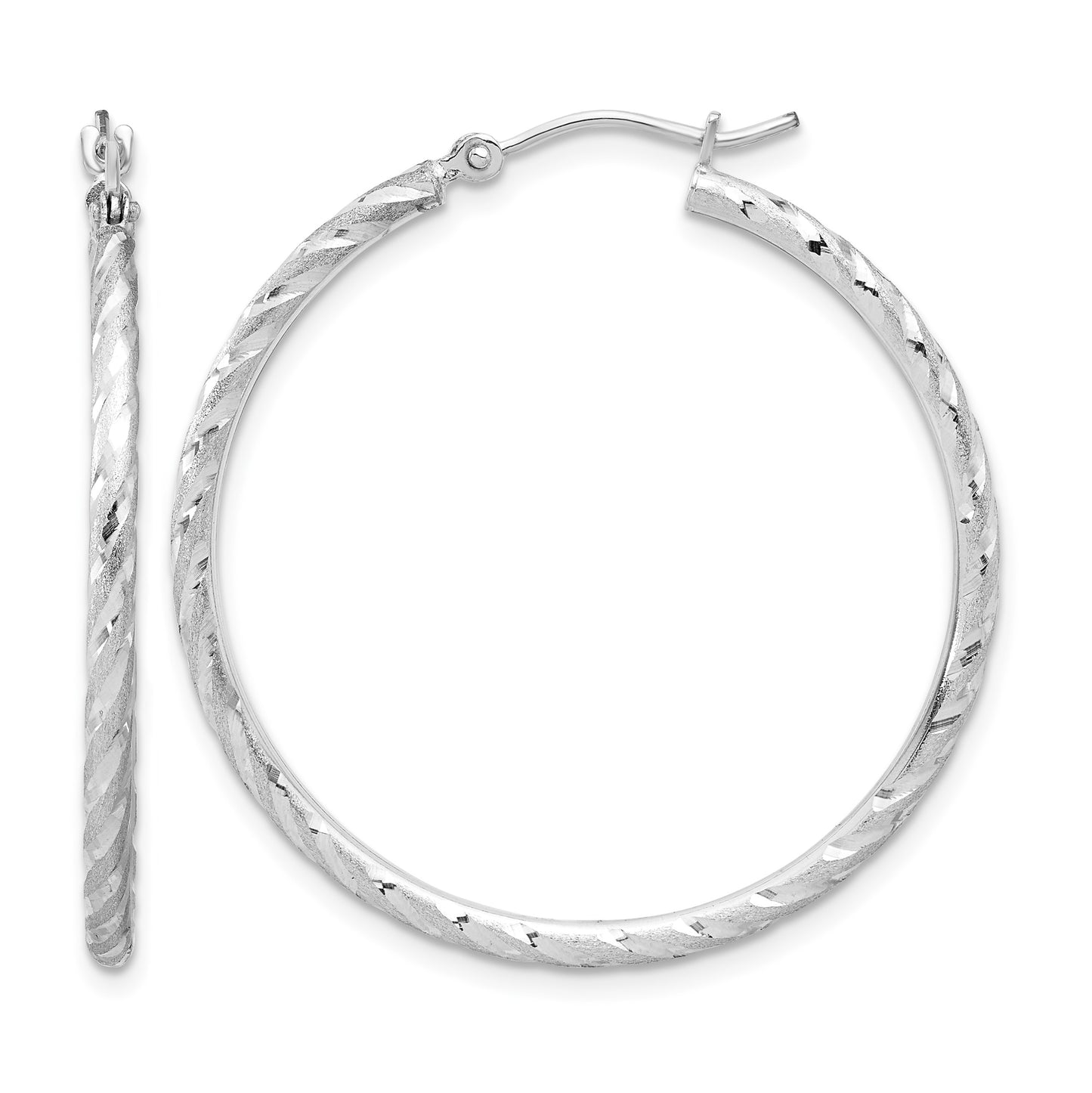 14k White Gold 2.00x35mm Polished and Satin Diamond-cut Twist Tube Hoop Earrings