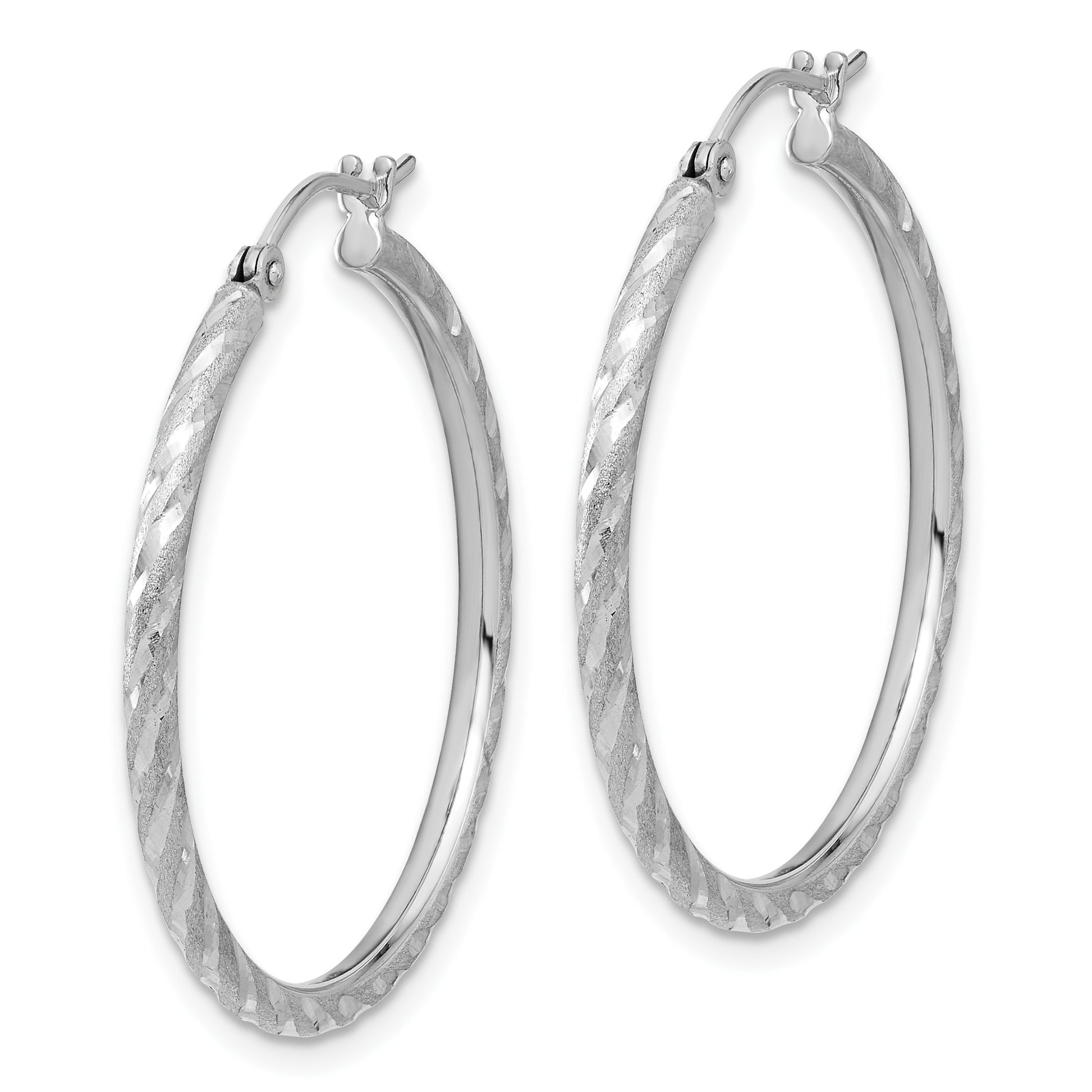 14k White Gold 2.00x30mm Polished and Satin Diamond-cut Twist Tube Hoop Earrings