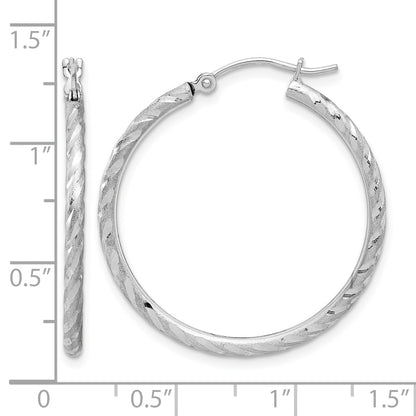 14k White Gold 2.00x30mm Polished and Satin Diamond-cut Twist Tube Hoop Earrings