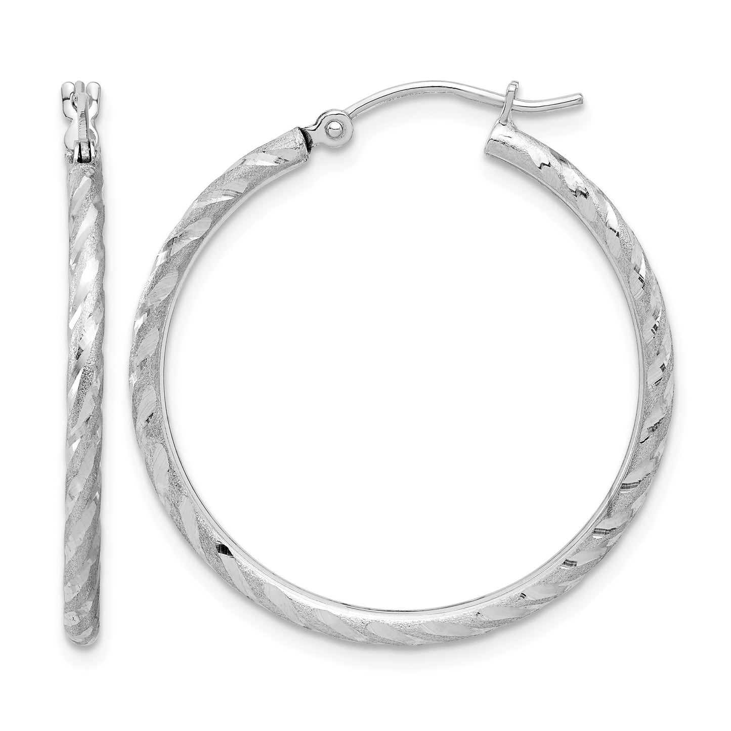 14k White Gold 2.00x30mm Polished and Satin Diamond-cut Twist Tube Hoop Earrings