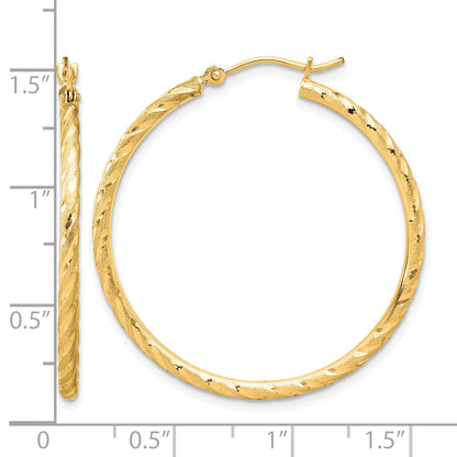 14k 2.00x35mm Polished and Satin Diamond-cut Twist Tube Hoop Earrings