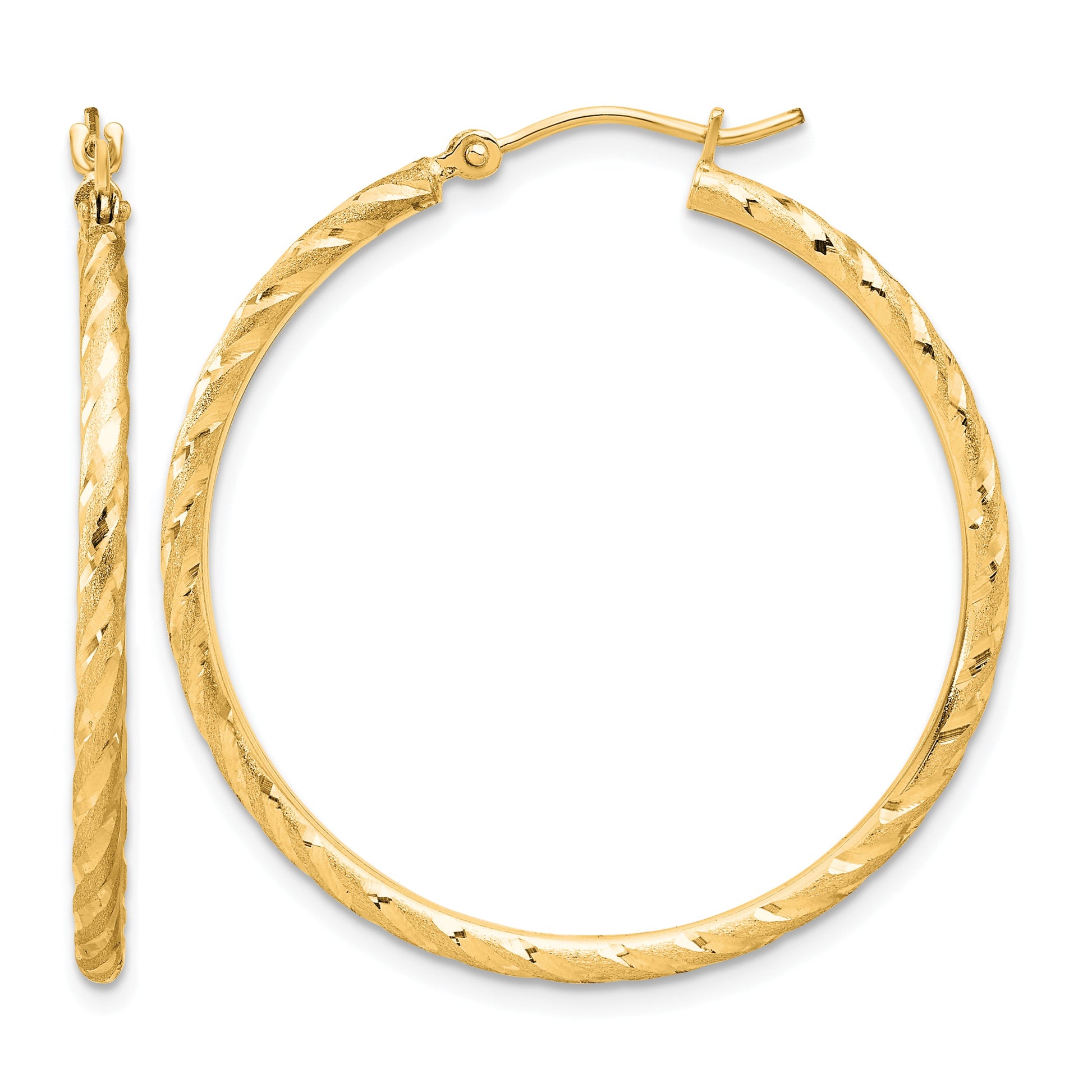 14k 2.00x35mm Polished and Satin Diamond-cut Twist Tube Hoop Earrings