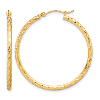 14k 2.00x35mm Polished and Satin Diamond-cut Twist Tube Hoop Earrings