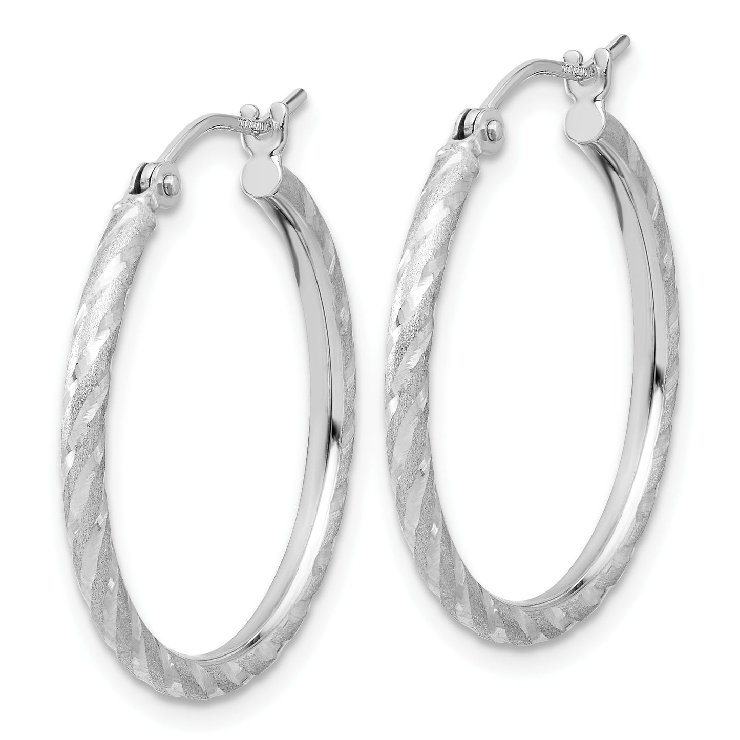 14k White Gold 2.00x25mm Polished and Satin Diamond-cut Twist Tube Hoop Earrings
