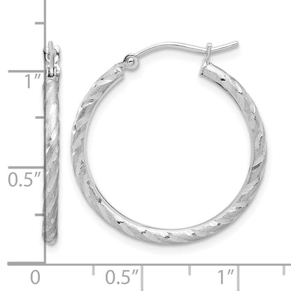 14k White Gold 2.00x25mm Polished and Satin Diamond-cut Twist Tube Hoop Earrings