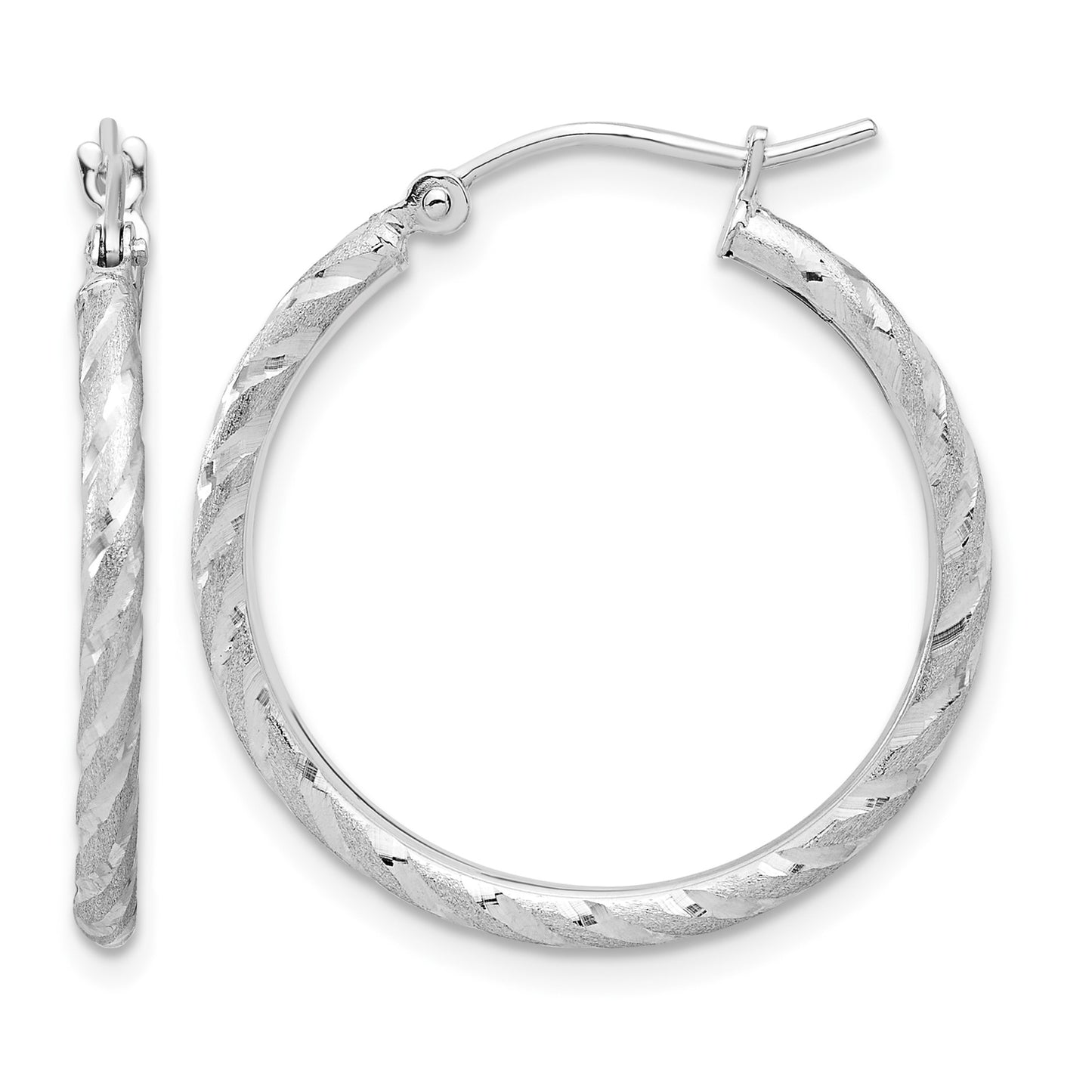 14k White Gold 2.00x25mm Polished and Satin Diamond-cut Twist Tube Hoop Earrings