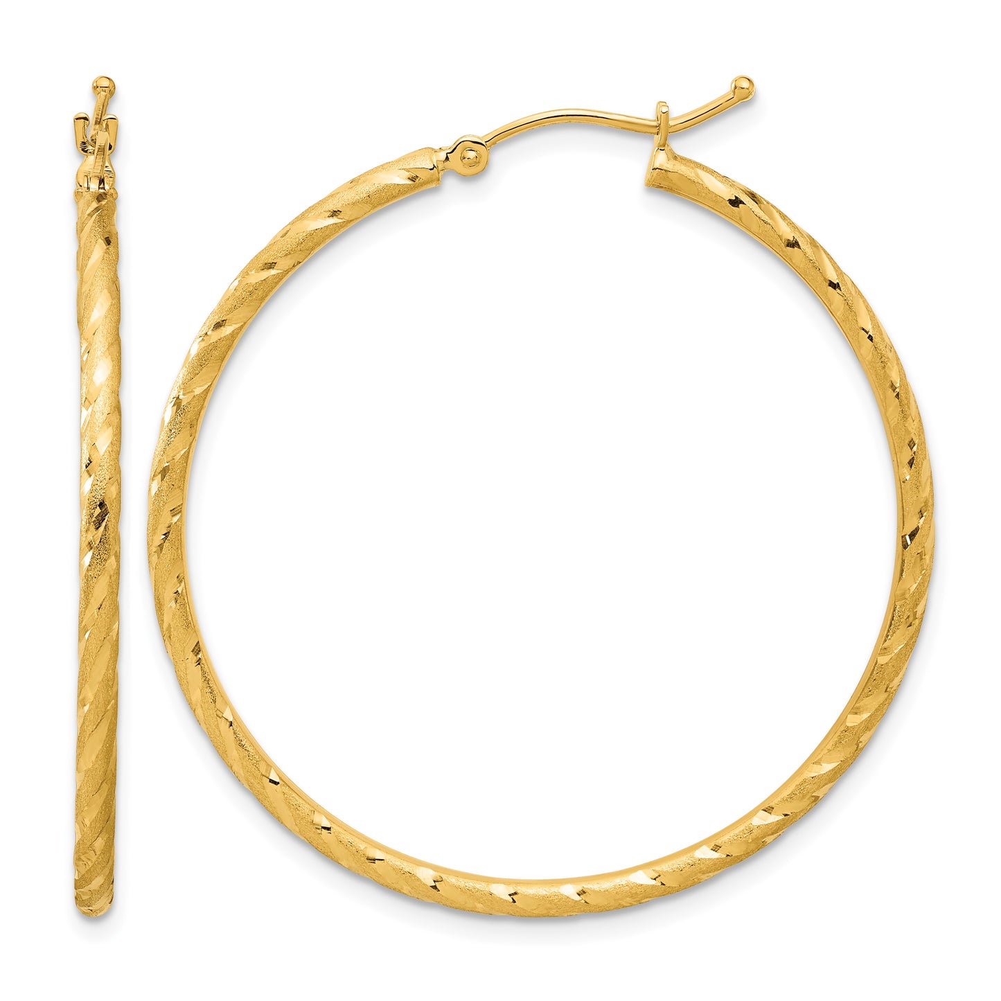14k 2.00x40mm Polished and Satin Diamond-cut Twist Tube Hoop Earrings