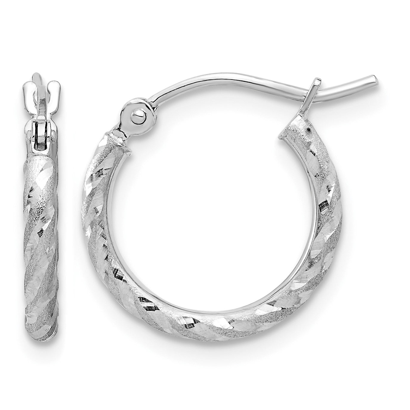 14k White Gold 2.00x15mm Polished and Satin Diamond-cut Twist Tube Hoop Earrings