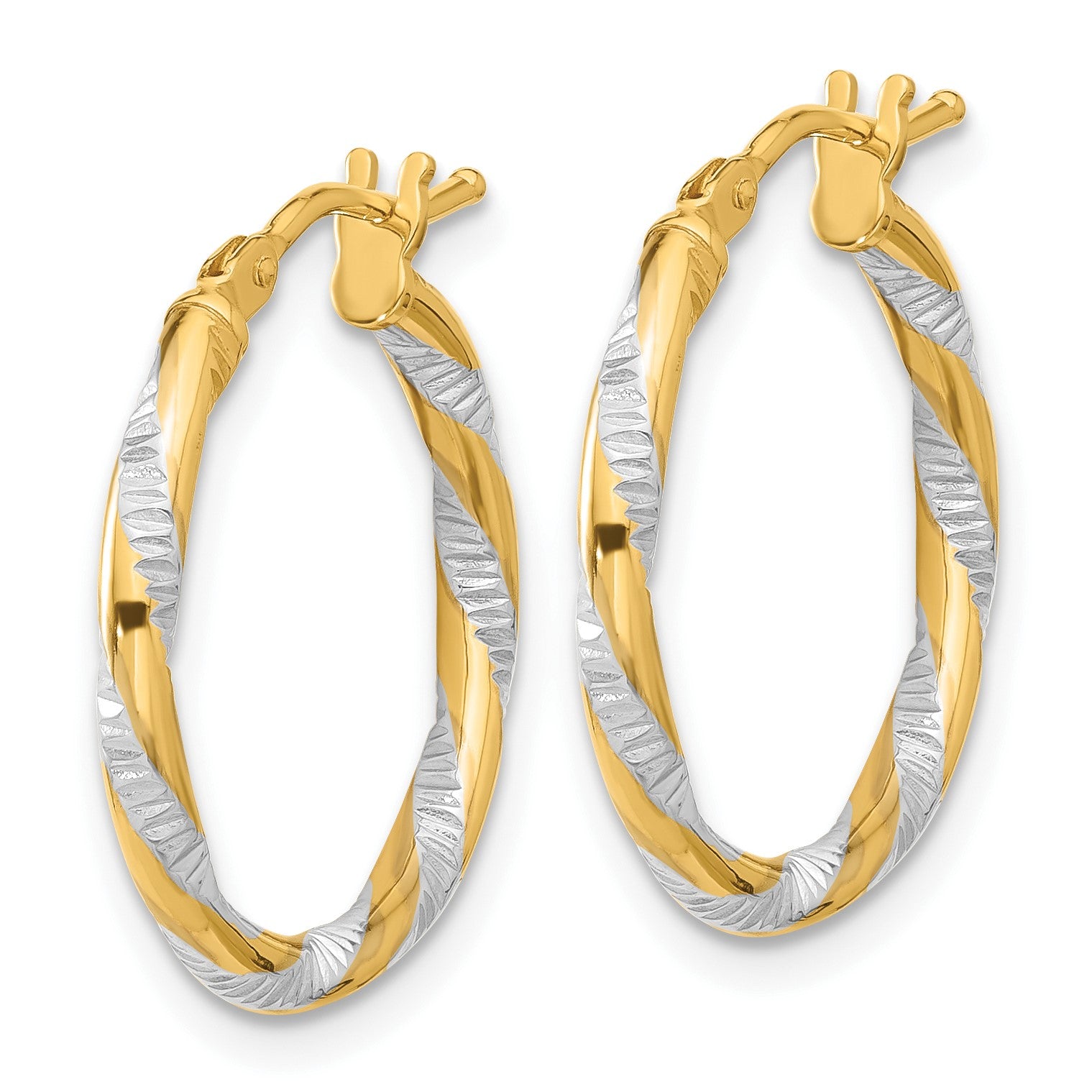 14K and White Rhodium 2x20mm Polished Diamond-cut Twist Tube Hoop Earrings