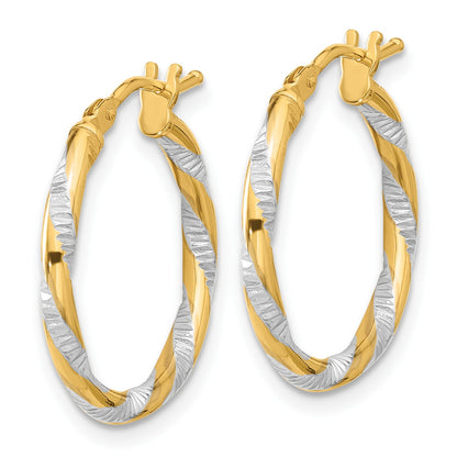 14K and White Rhodium 2x20mm Polished Diamond-cut Twist Tube Hoop Earrings