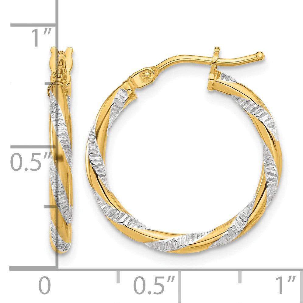 14K and White Rhodium 2x20mm Polished Diamond-cut Twist Tube Hoop Earrings