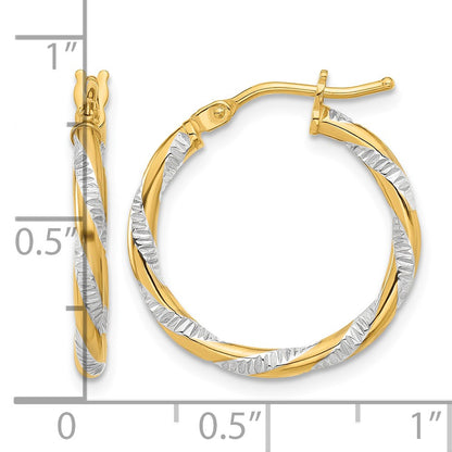 14K and White Rhodium 2x20mm Polished Diamond-cut Twist Tube Hoop Earrings