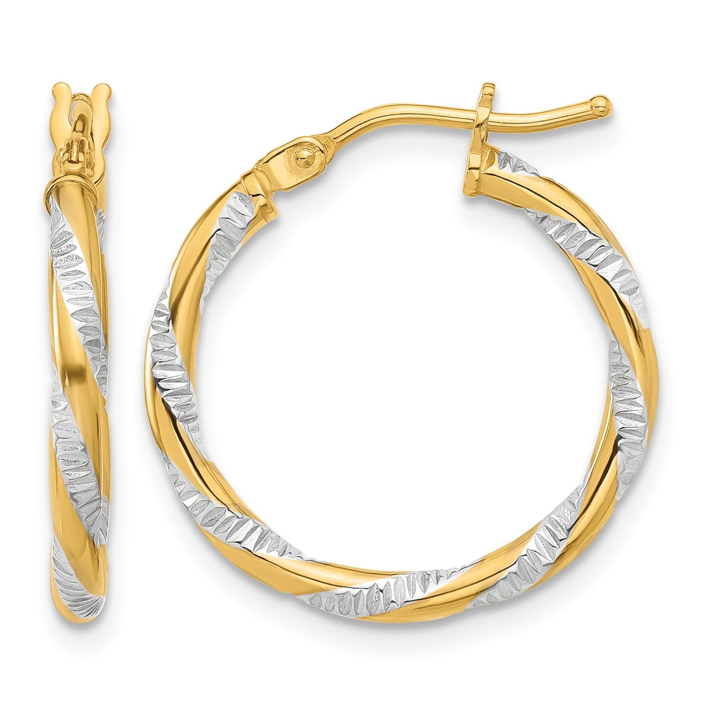 14K and White Rhodium 2x20mm Polished Diamond-cut Twist Tube Hoop Earrings