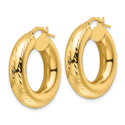 14k 6x27mm Polished Diamond-cut Round Tube Hoop Earrings