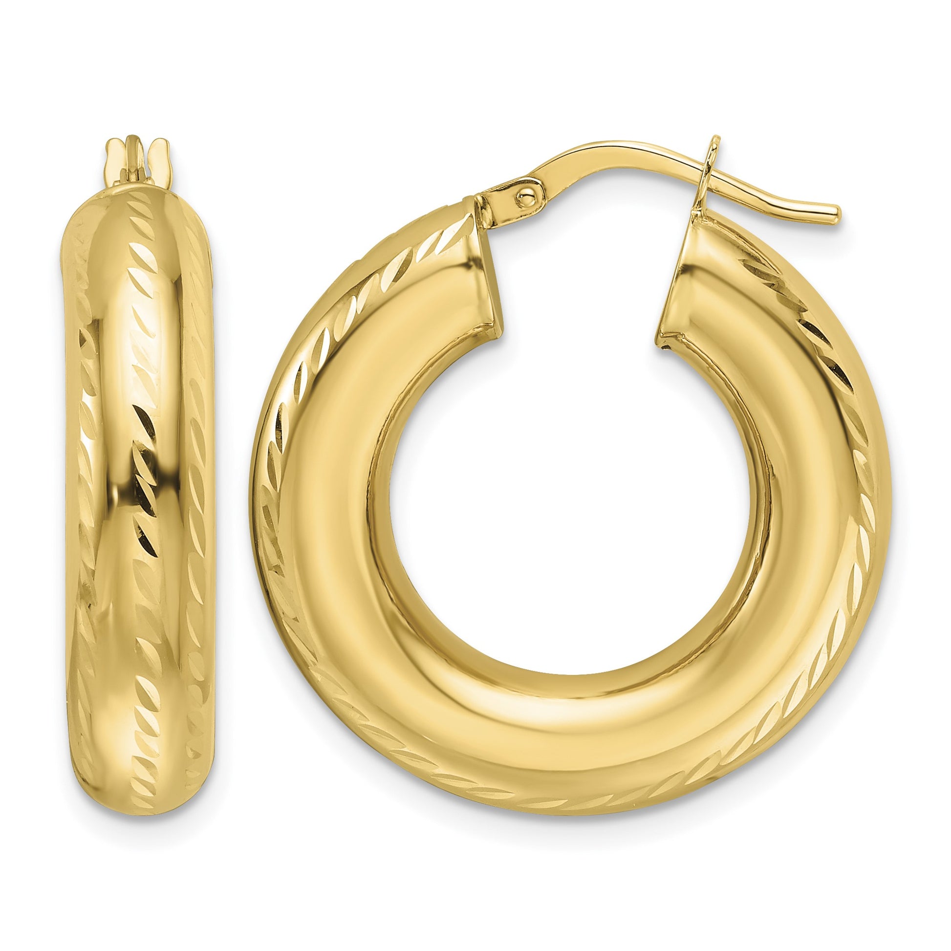 14k 6x27mm Polished Diamond-cut Round Tube Hoop Earrings