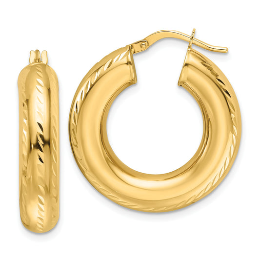 14k 6x27mm Polished Diamond-cut Round Tube Hoop Earrings