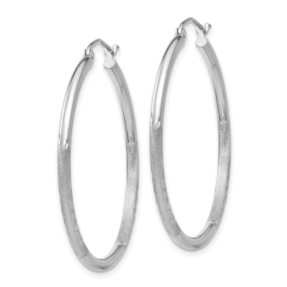 14k White Gold 2x35mm Satin Diamond-cut Round Tube Hoop Earrings