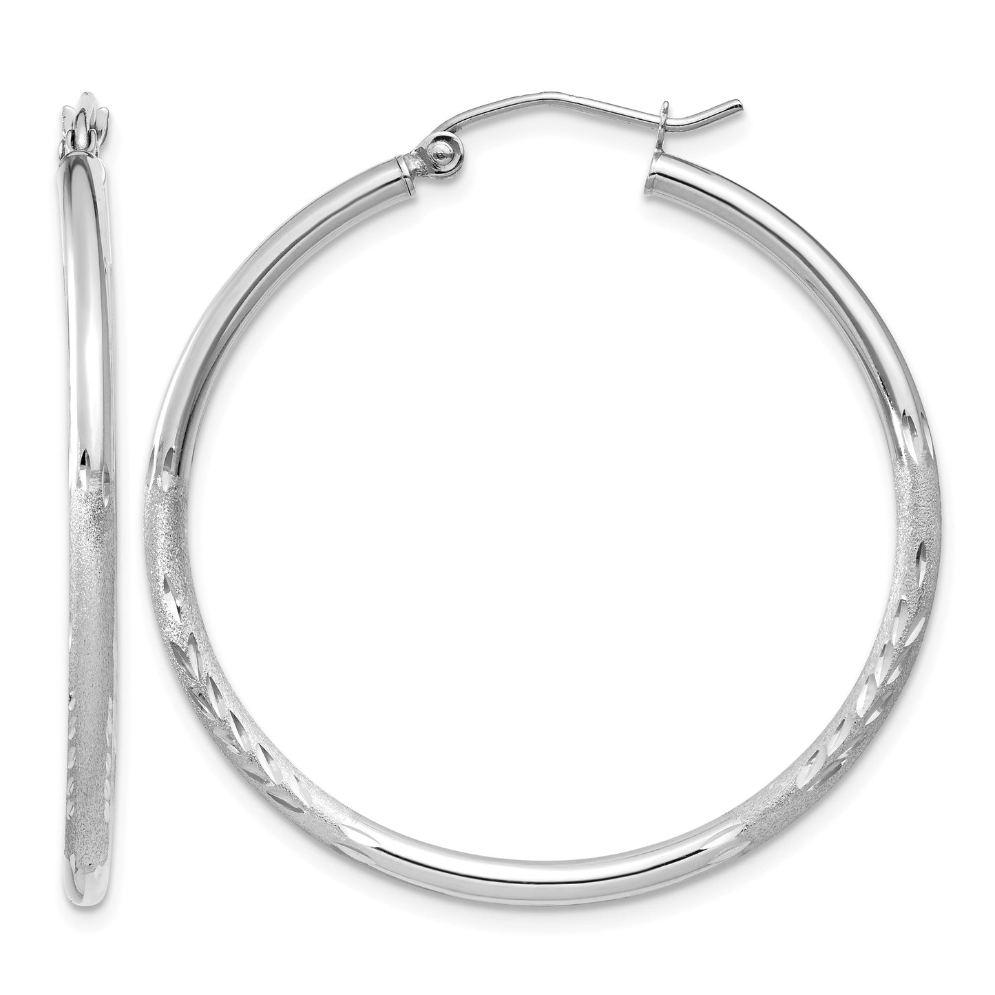 14k White Gold 2x35mm Satin Diamond-cut Round Tube Hoop Earrings