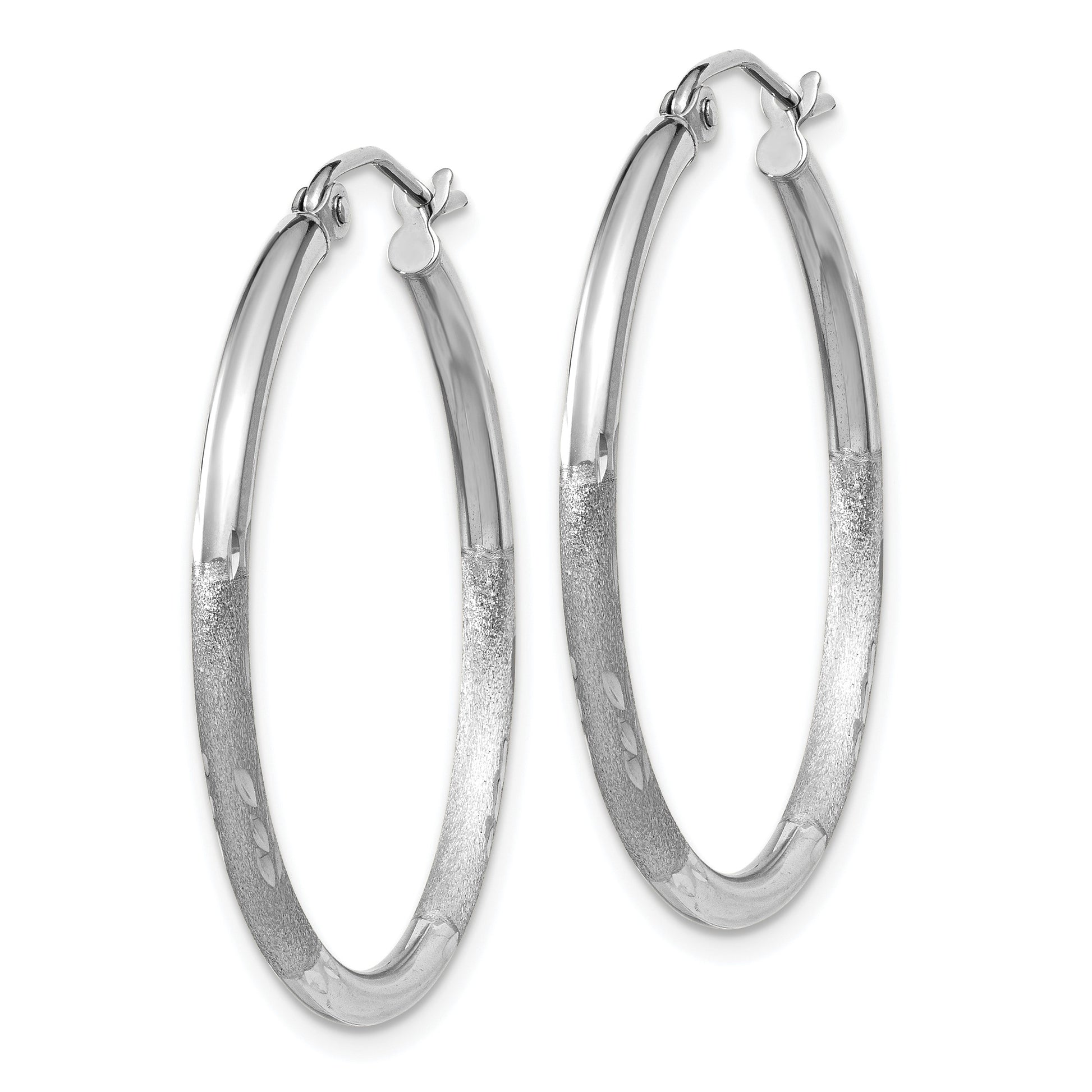 14k White Gold 2x30mm Satin Diamond-cut Round Tube Hoop Earrings