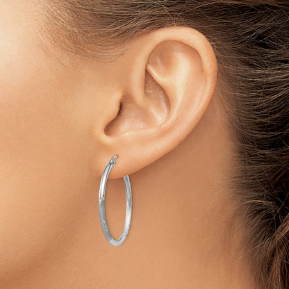 14k White Gold 2x30mm Satin Diamond-cut Round Tube Hoop Earrings