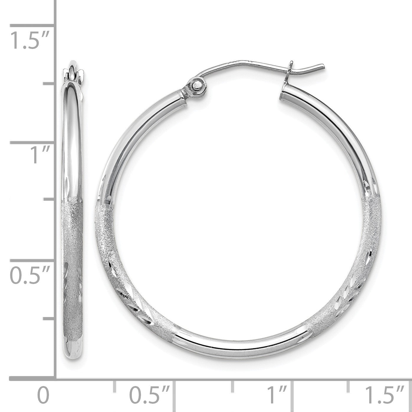 14k White Gold 2x30mm Satin Diamond-cut Round Tube Hoop Earrings