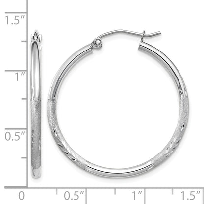 14k White Gold 2x30mm Satin Diamond-cut Round Tube Hoop Earrings