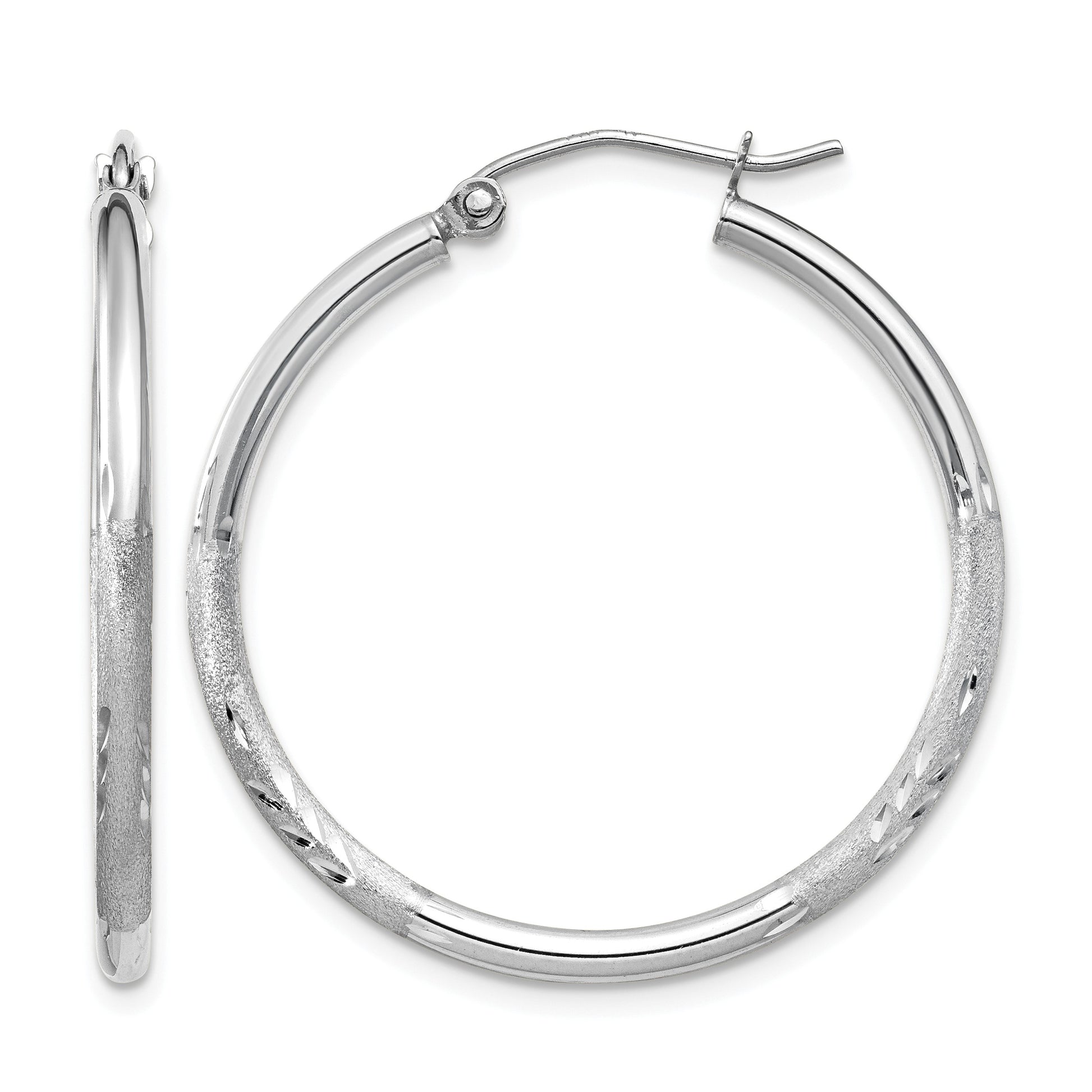 14k White Gold 2x30mm Satin Diamond-cut Round Tube Hoop Earrings