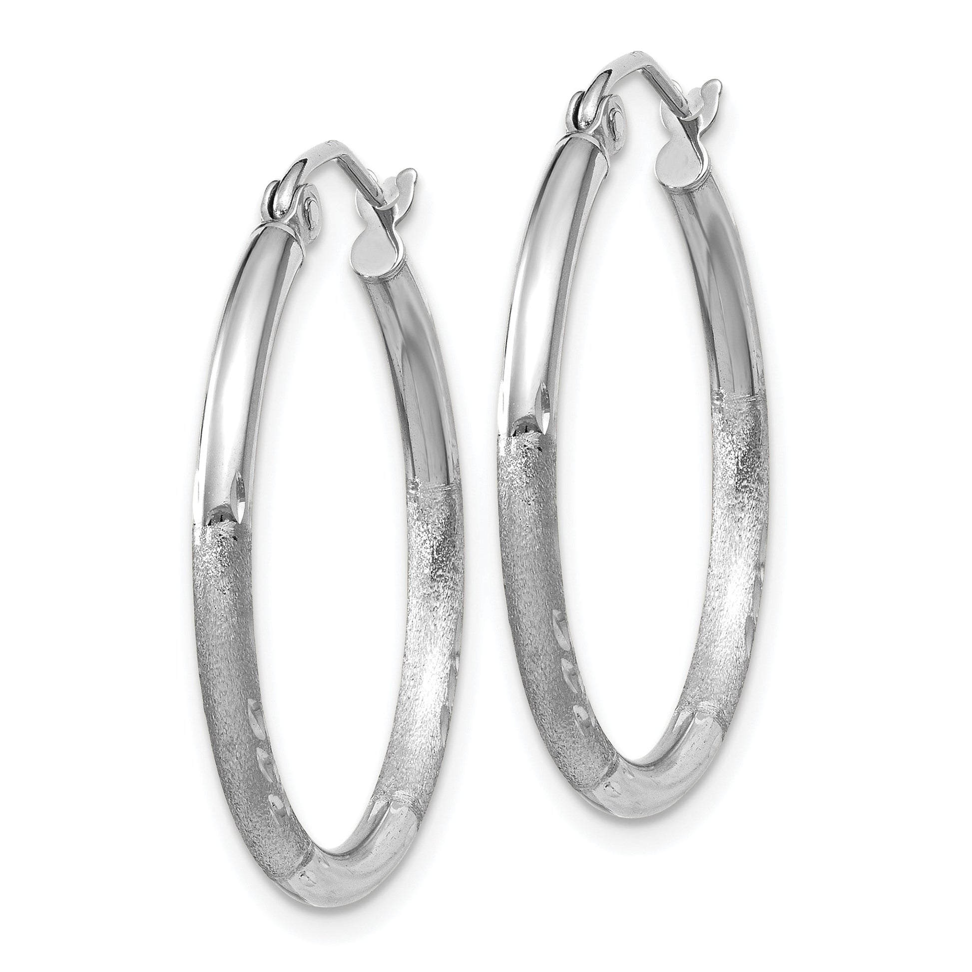 14k White Gold 2x25mm Satin Diamond-cut Round Tube Hoop Earrings