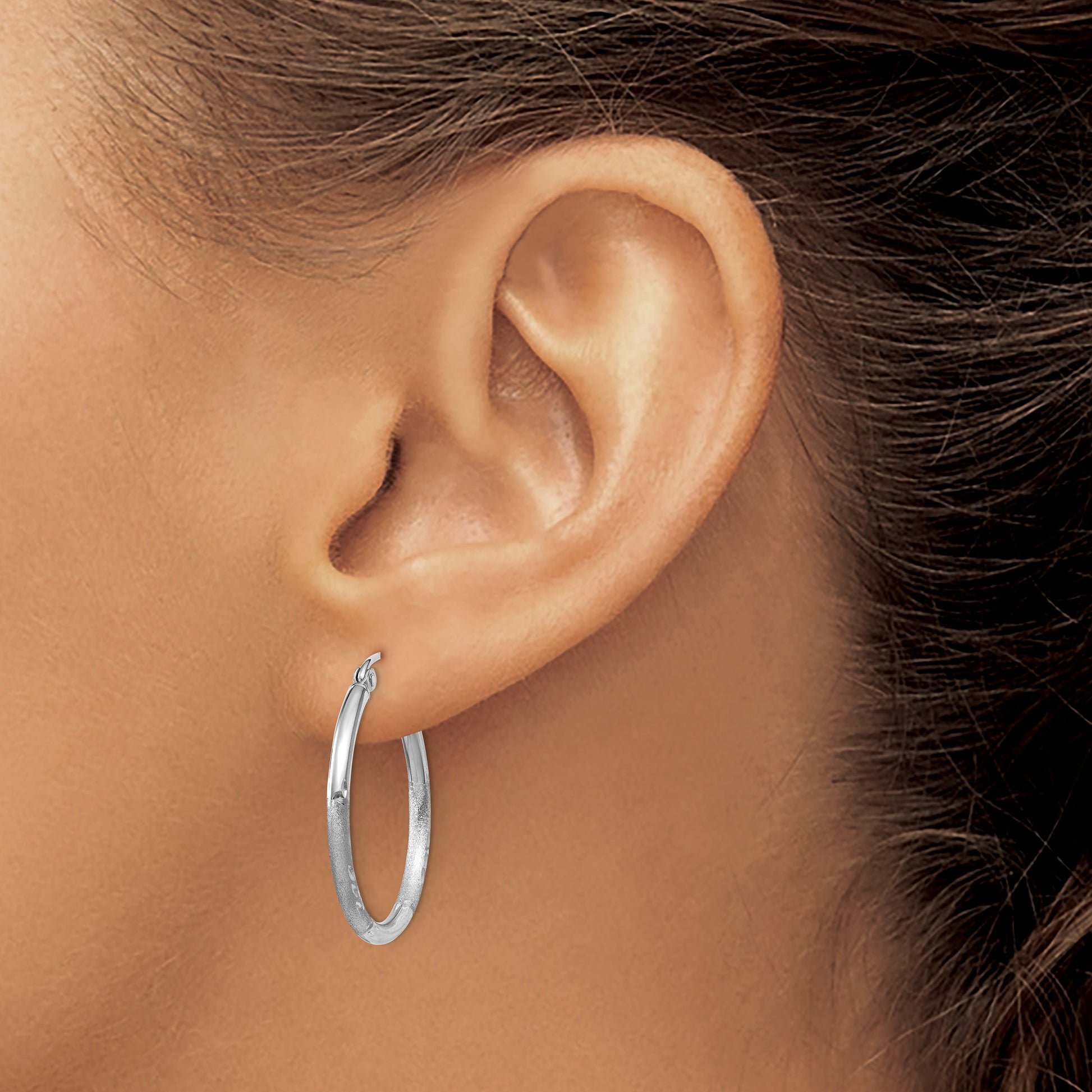 14k White Gold 2x25mm Satin Diamond-cut Round Tube Hoop Earrings