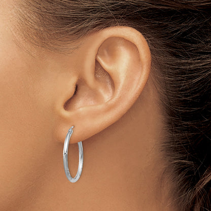 14k White Gold 2x25mm Satin Diamond-cut Round Tube Hoop Earrings