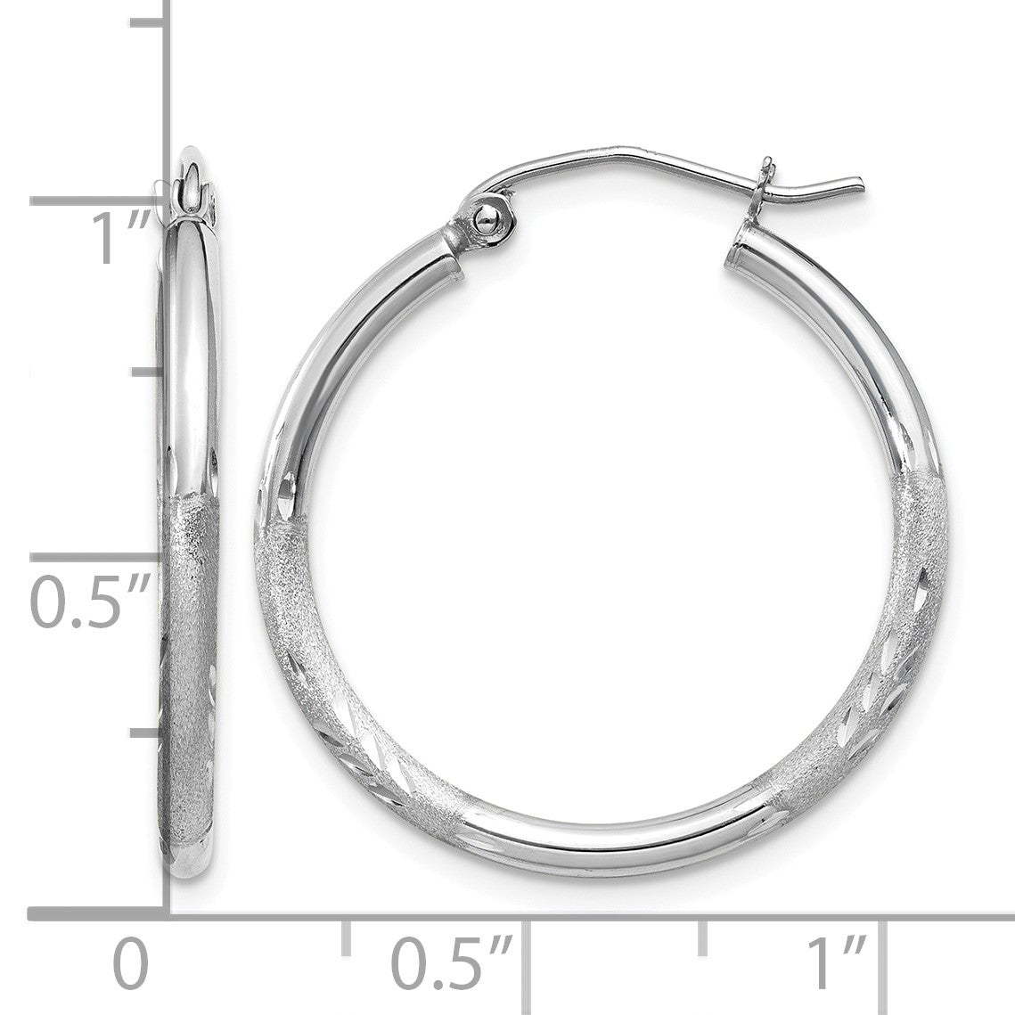 14k White Gold 2x25mm Satin Diamond-cut Round Tube Hoop Earrings