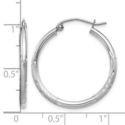 14k White Gold 2x25mm Satin Diamond-cut Round Tube Hoop Earrings