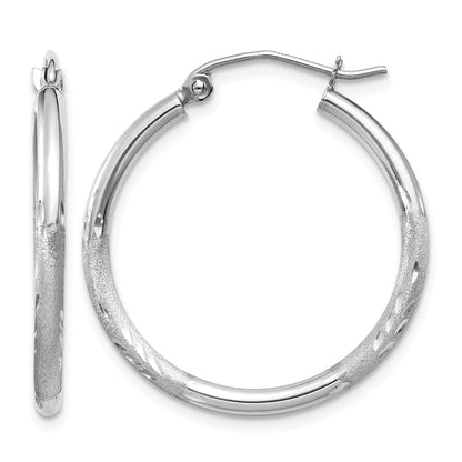 14k White Gold 2x25mm Satin Diamond-cut Round Tube Hoop Earrings