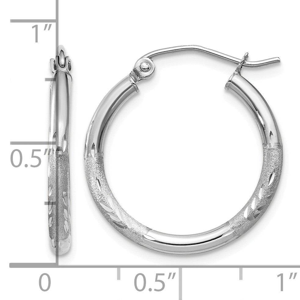 14k White Gold 2x20mm Satin Diamond-cut Round Tube Hoop Earrings