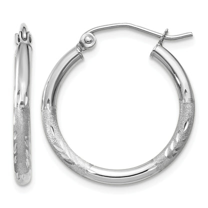 14k White Gold 2x20mm Satin Diamond-cut Round Tube Hoop Earrings