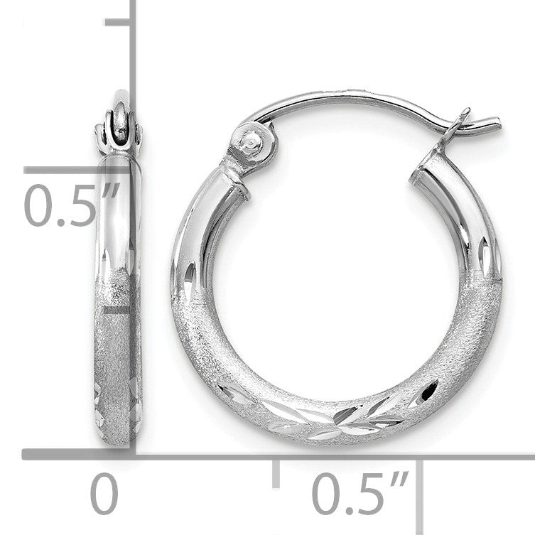 14k White Gold 2x15mm Satin Diamond-cut Round Tube Hoop Earrings