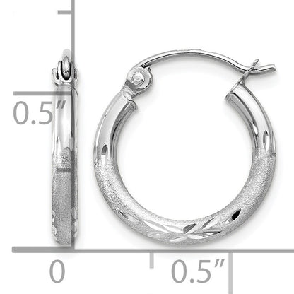 14k White Gold 2x15mm Satin Diamond-cut Round Tube Hoop Earrings