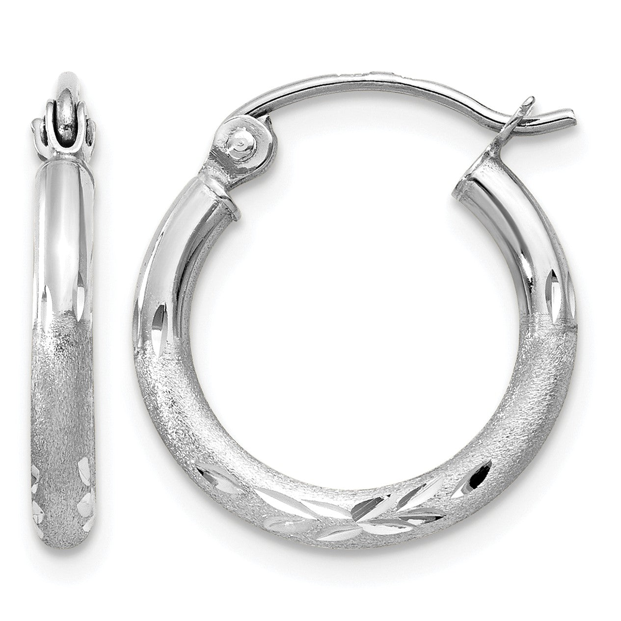 14k White Gold 2x15mm Satin Diamond-cut Round Tube Hoop Earrings