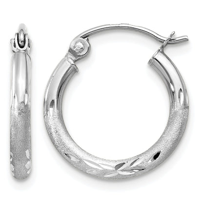 14k White Gold 2x15mm Satin Diamond-cut Round Tube Hoop Earrings